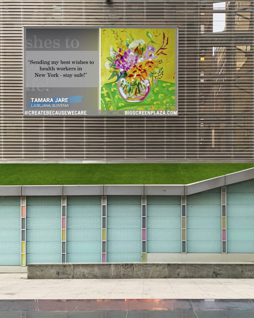 colorful bouquet painting on big screen bilboard on a building facade at big screeen plaza, new york