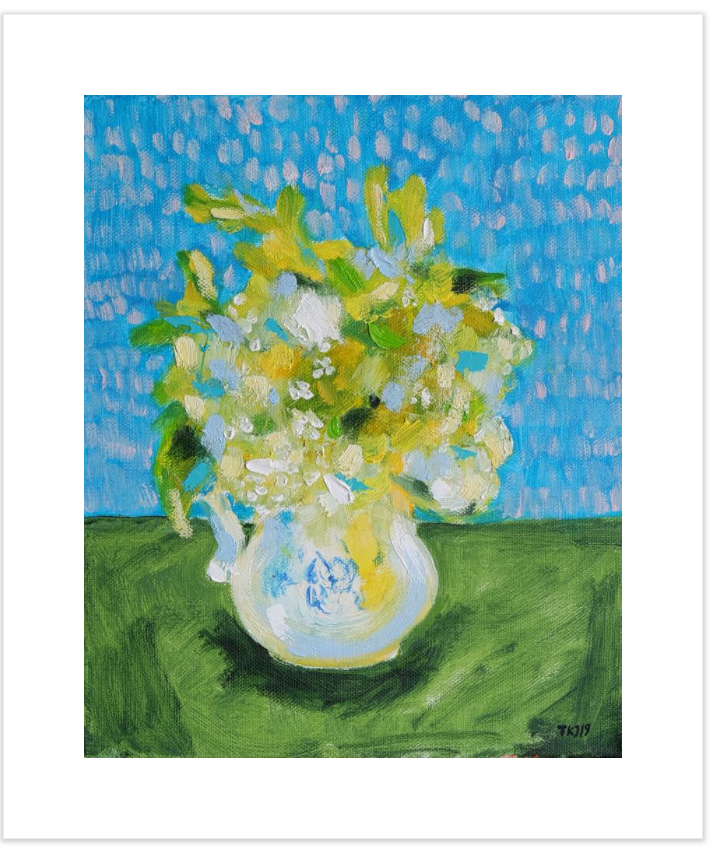Tamara Jare original oil painting Rainy Day Bouquet shows small bouquet of white and yellow flowers in white jug with some blue ornament on green table and with blue background with pink patches. Impressionistic stile wall art.