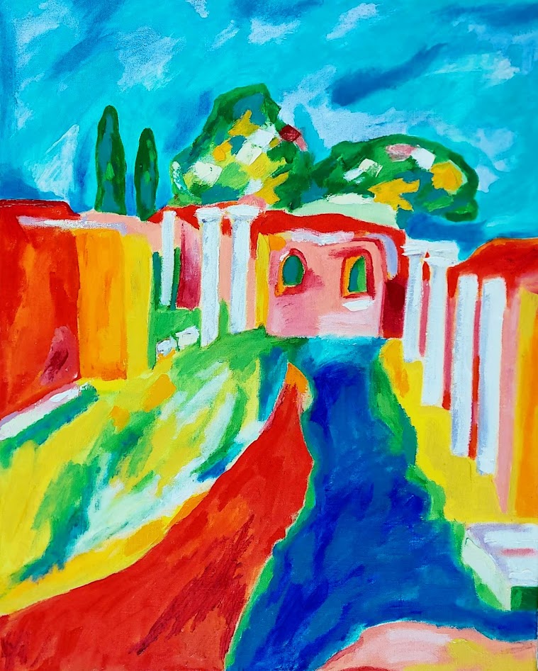 Ostia Antica Landscape is the new painting showing Roman ruins. Seen are white marble piollars, bricked wall with two niches and pine trees and cypresses in vivid colors of red, blue, green, yellow. Original oil on canvas contemporary painting wall art