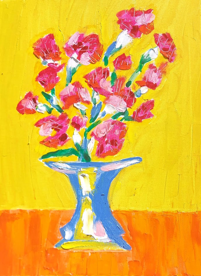 Tamara Jare Slovenian painter artwork Pink carnations bouquet japonisme painting oil on canvas contemporary Slovene painting still life