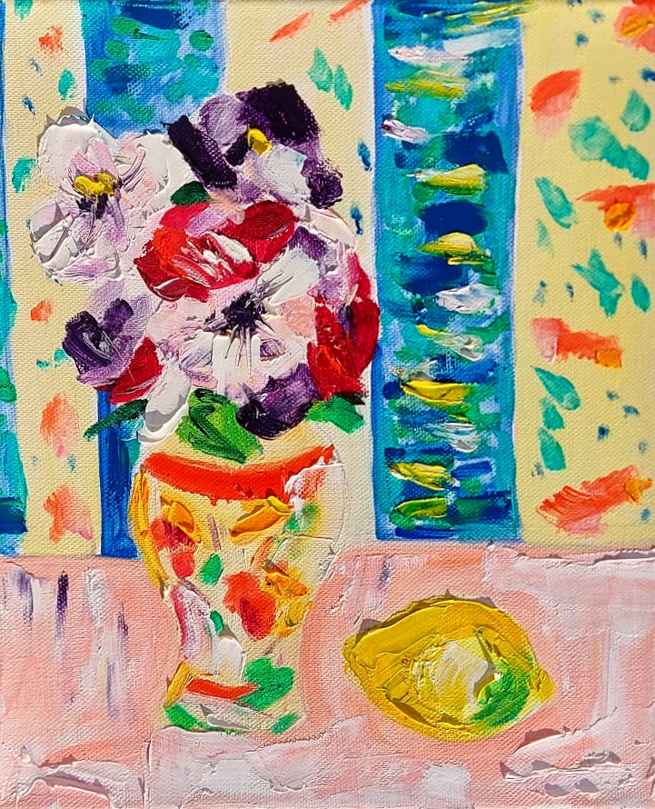 Tamara Jare Slovenian painter contemporary still life anemones colorful flowers bouquet in small vase with a lemon and striped wall paper fine art artwork art collector painting picture Slovene painting done for Sothebys Sunday sketch
