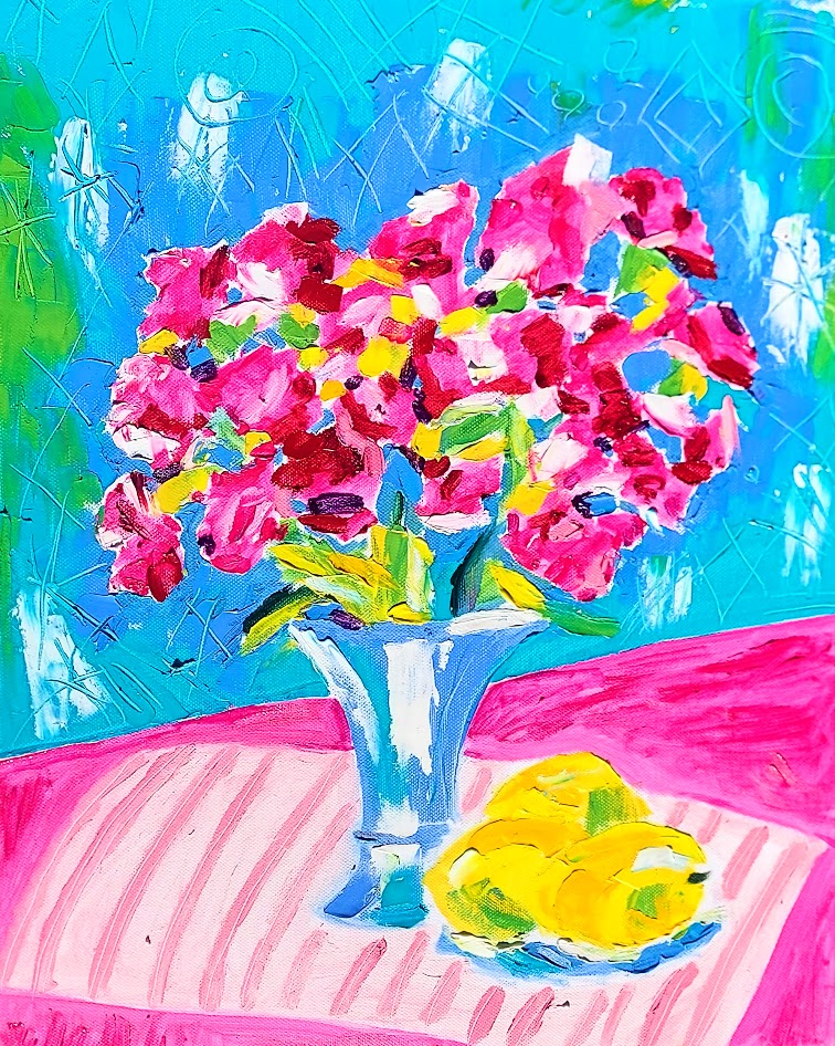 Tamara Jare Slovenian painter artwork Pink carnations bouquet and lemons oil on canvas contemporary Slovene painting still life colorful in bold colors magenta pink blue and yellow