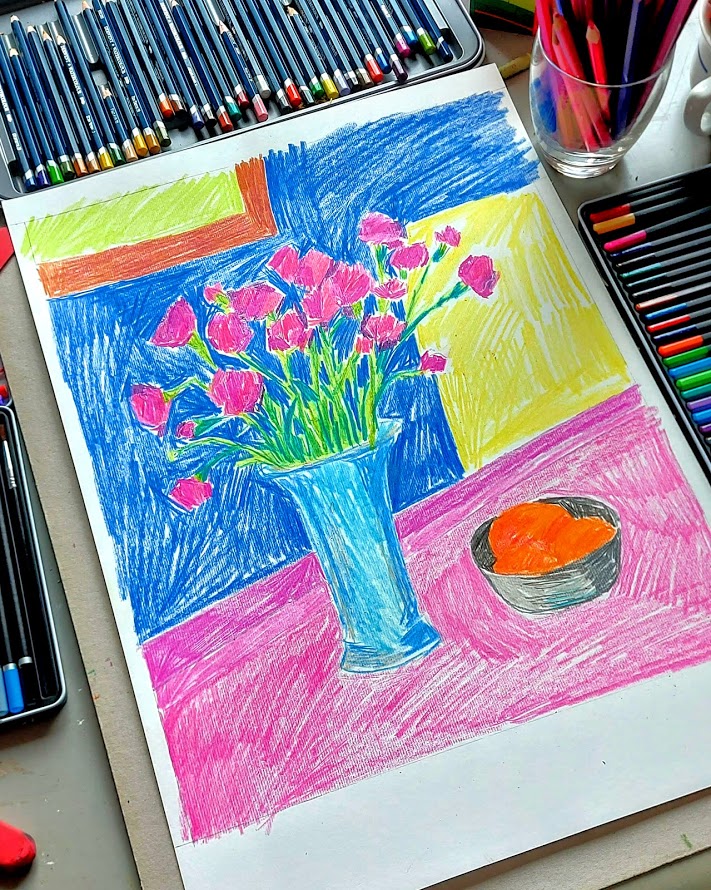 Tamara Jare Slovenian painter contemporary drawing colored pencils on paper showing bouquet of pink carnations sketch in progress on the table with many colored pencils, Derwent colored pencils in art studio photography