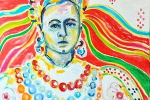 Tamara Jare painting named my Ukrainian self portrait woman in colorful folk dress with embroidery artwork oil on canvas