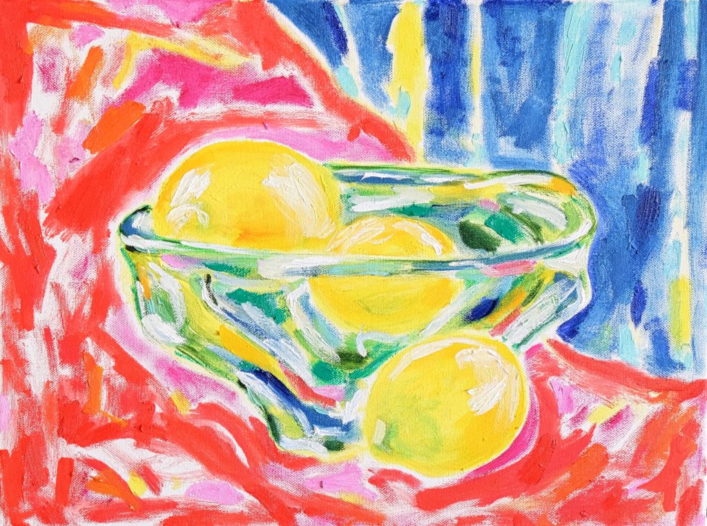 Lemons in glass bowl painting by Tamara Jare