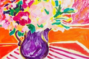 November bouquet oil on canvas painting of colorful flowers in violet jug on red and white striped napkin