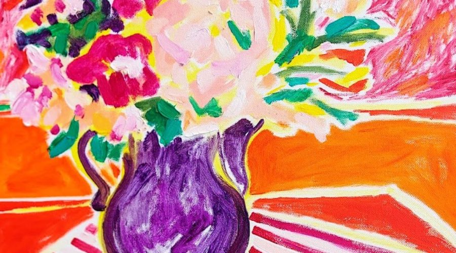 November bouquet oil on canvas painting of colorful flowers in violet jug on red and white striped napkin