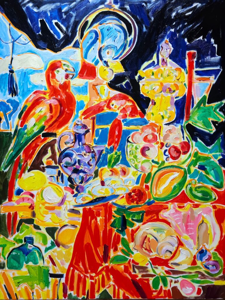 Still Life With Parrots after Jan Davidsz. de Heem by Tamara Jare is a vivid, expressive work that bursts with color and energy. The composition is dominated by a vibrant still life scene featuring a variety of elements such as fruits, birds, and decorative objects.