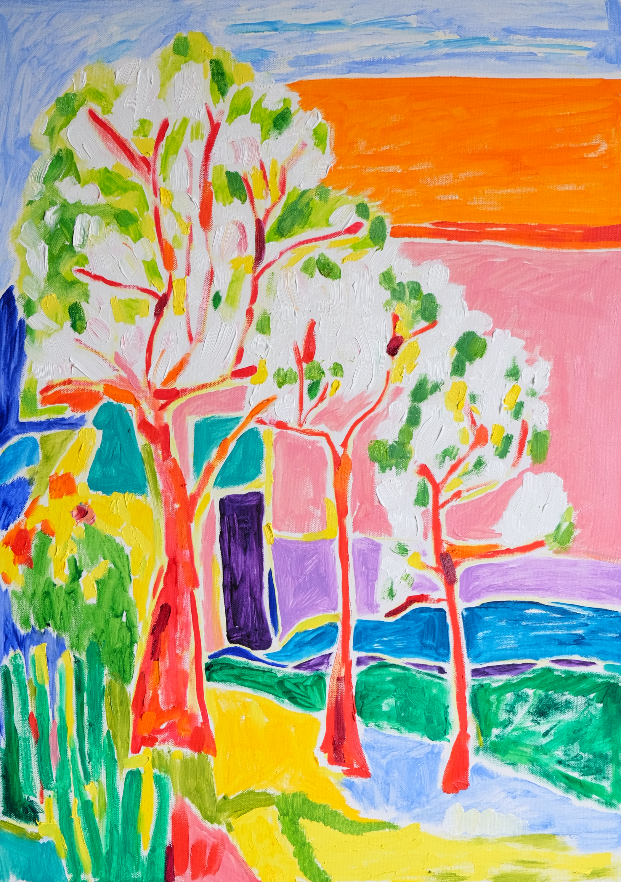 tree flowering trees with red trunks standing in front of a pink house with orange roof. Contemporary fauvist landscape painting in vivid colors, by artist Tamara Jare.
