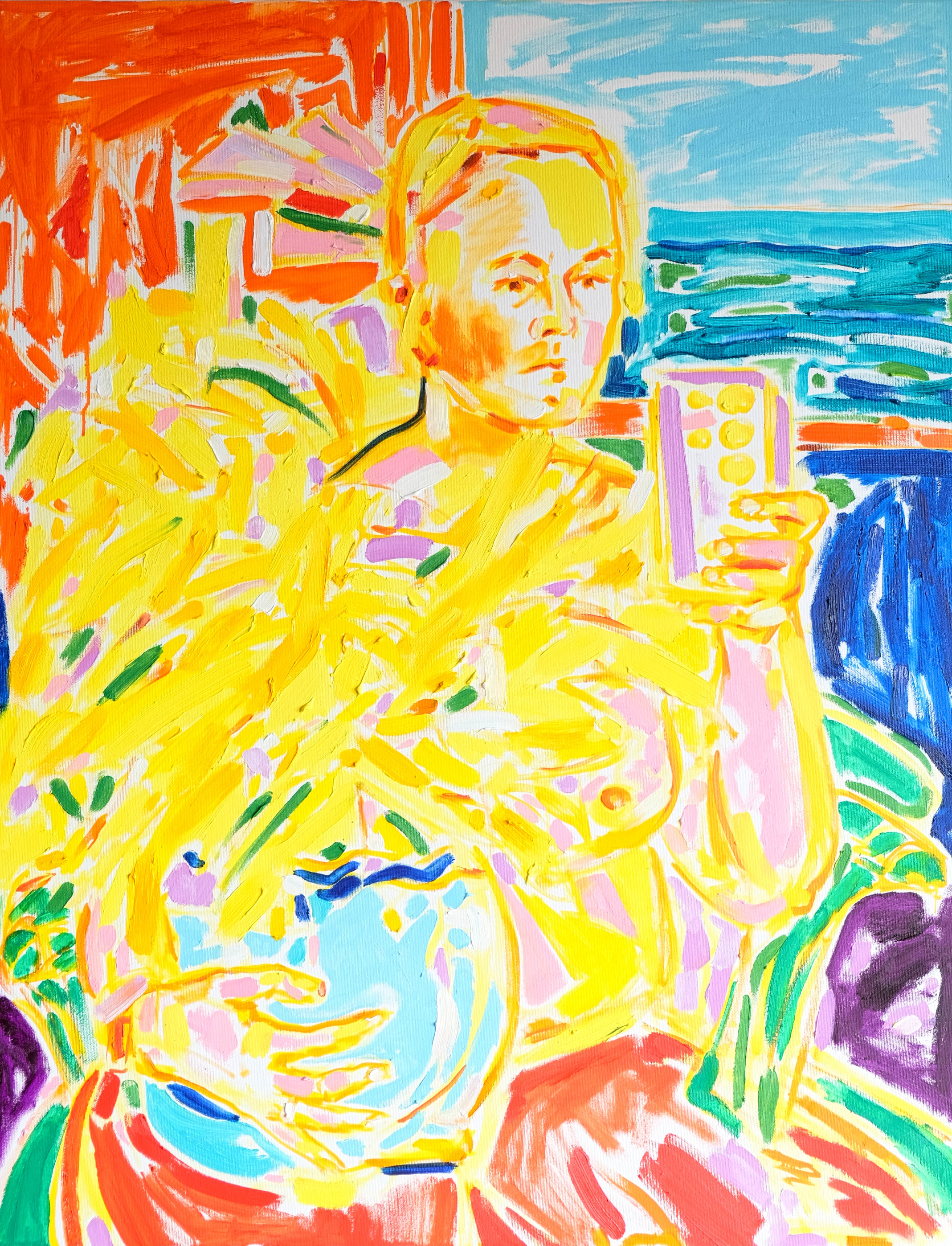 Selfie with Yellow Flowers, 2024, oil on canvas painting