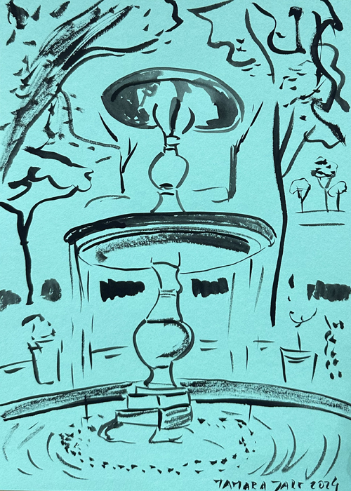 Villa Borghese Park fountain , ink on blue paper painting