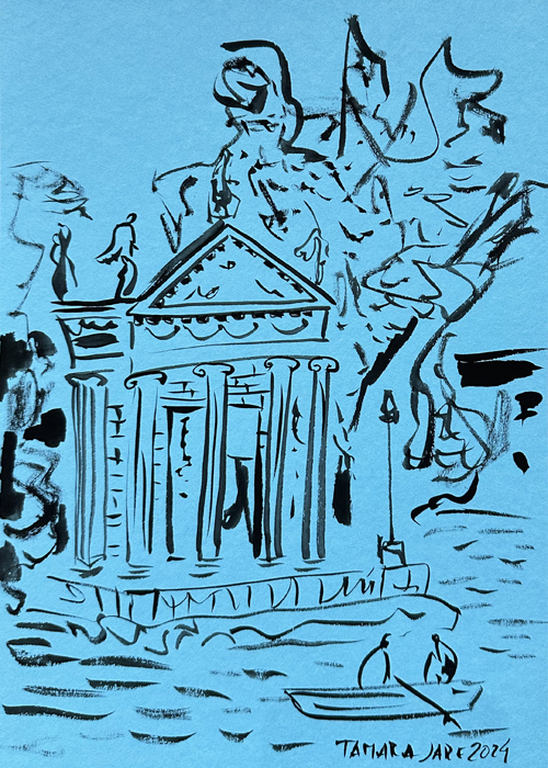 Villa Borghese Gardens, Temple of Aesculapius black ink on blue paper painting