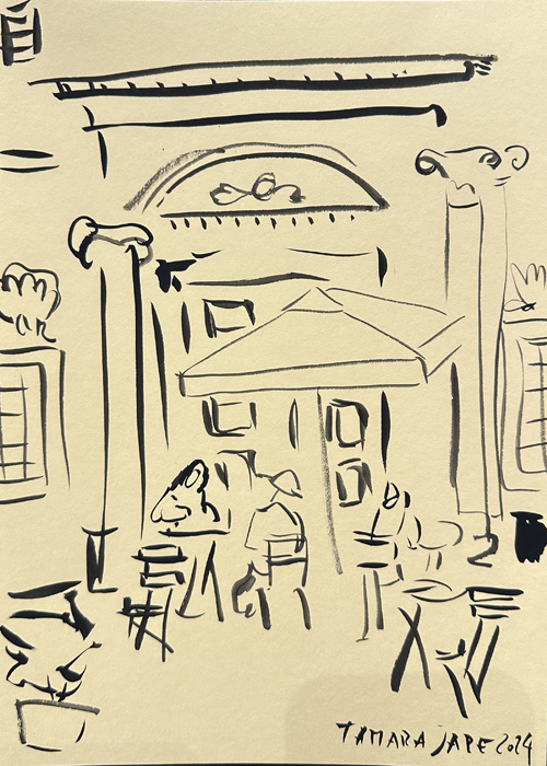 Street scene at Largo dei Librari in the historic city center of Rome, ink on yellow paper painting