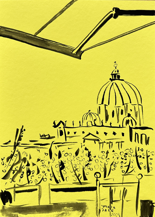 Vatican, view from the hotel terrace, ink on yellow paper painting